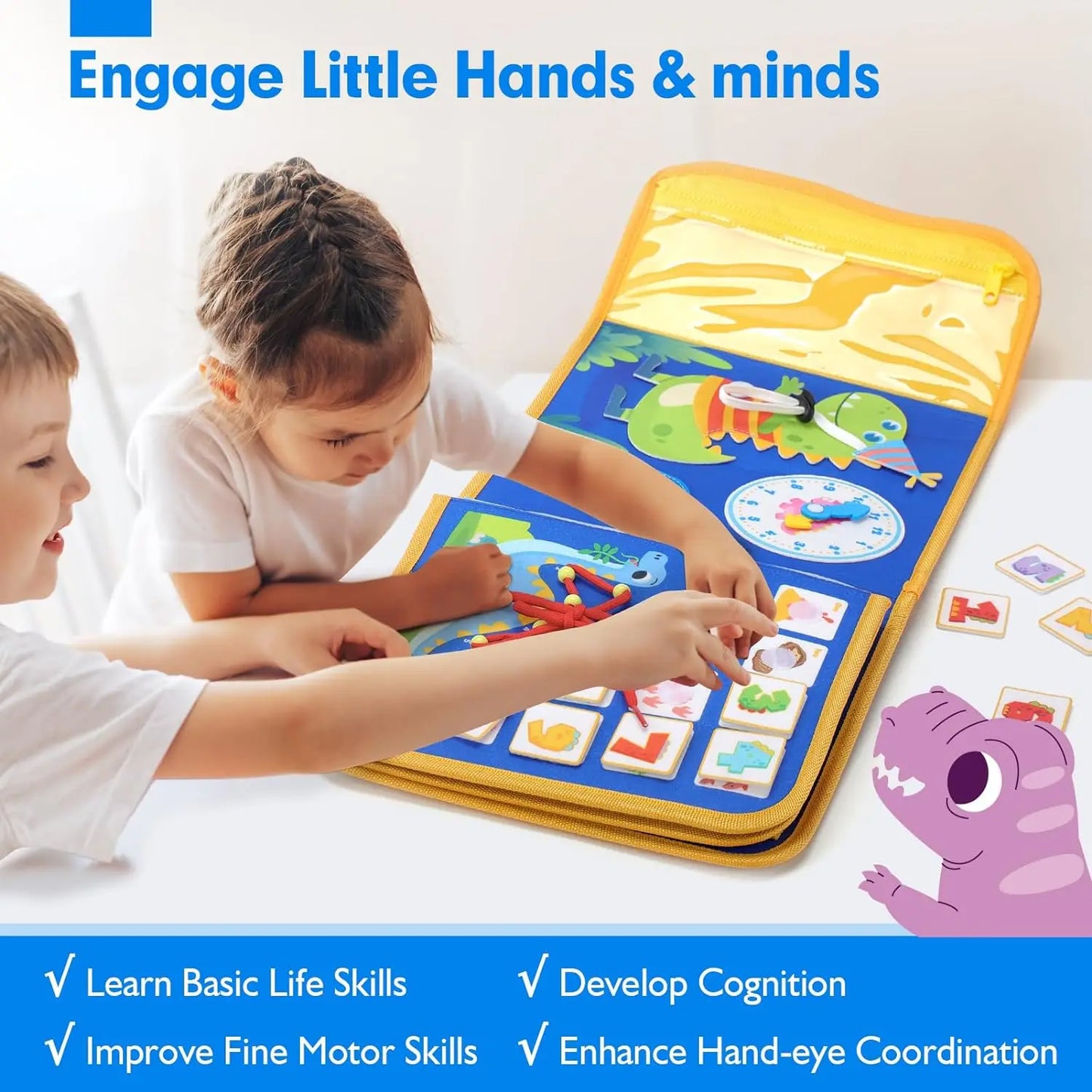 Toddler Montessori Busy Board – Dinosaur Dress-Up, Learning & Sensory Activities, Travel Toy & Life Skills Backpack