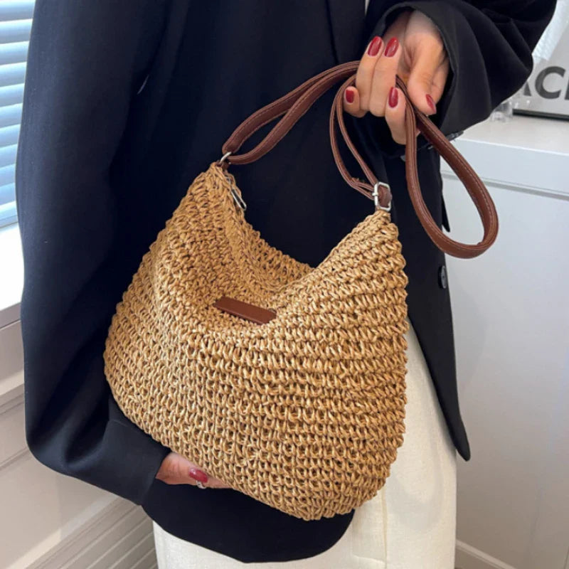 Straw Knitted Handbag – Women’s Woven Shoulder & Crossbody Beach Bag