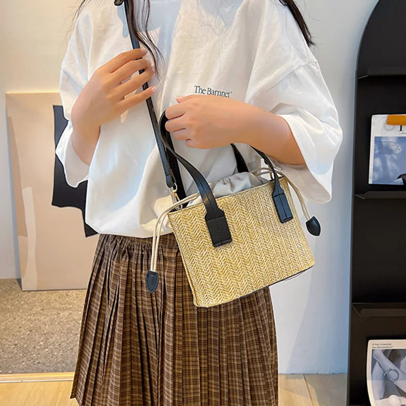 Fashion Straw Bucket Crossbody Bag – Women’s Summer Beach & Travel Shoulder Handbag