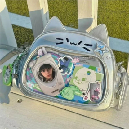 Y2K Korean Kawaii Cat Ita Bag — Cute PU Transparent Shoulder & Crossbody Bag for Girls, Harajuku Style Backpack