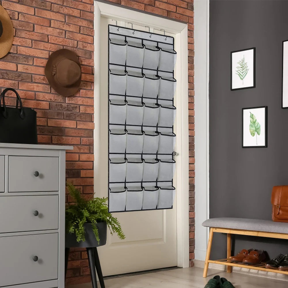 24-Pocket Clear-View Hanging Shoe Organizer with 4 Metal Hooks — Over-the-Door Wall Storage Bag