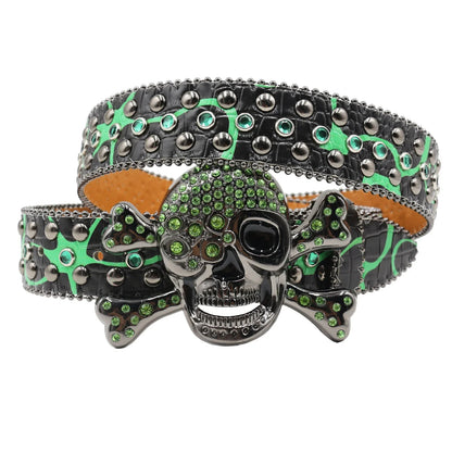 Women’s Rhinestone Skull Leather Belt – Luxury Designer Studded Strap for Jeans, White & Black