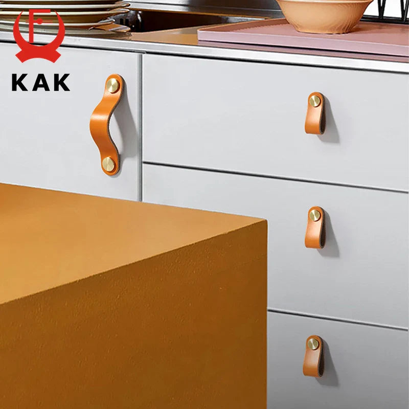 KAK Cowhide Leather Cabinet Handles – Nordic Style Furniture Pulls for Kids Room, Brass & Copper Kitchen Drawer Knobs, Door Hardware