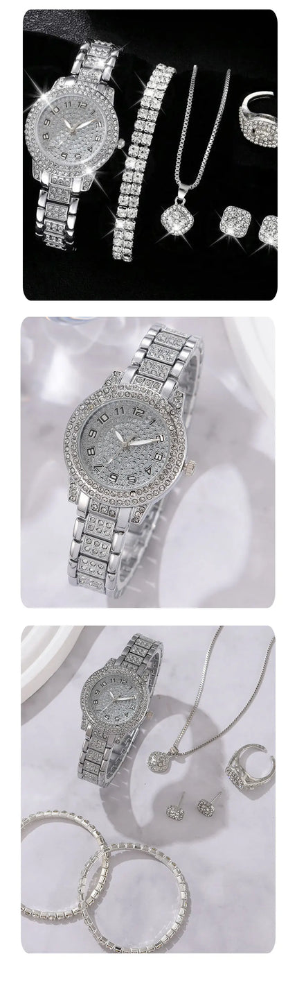 6PCS Women's Elegant Crystal Watch Set – Luxury Alloy Quartz Wristwatches with Rhinestone Bracelet, Perfect Gift for Ladies