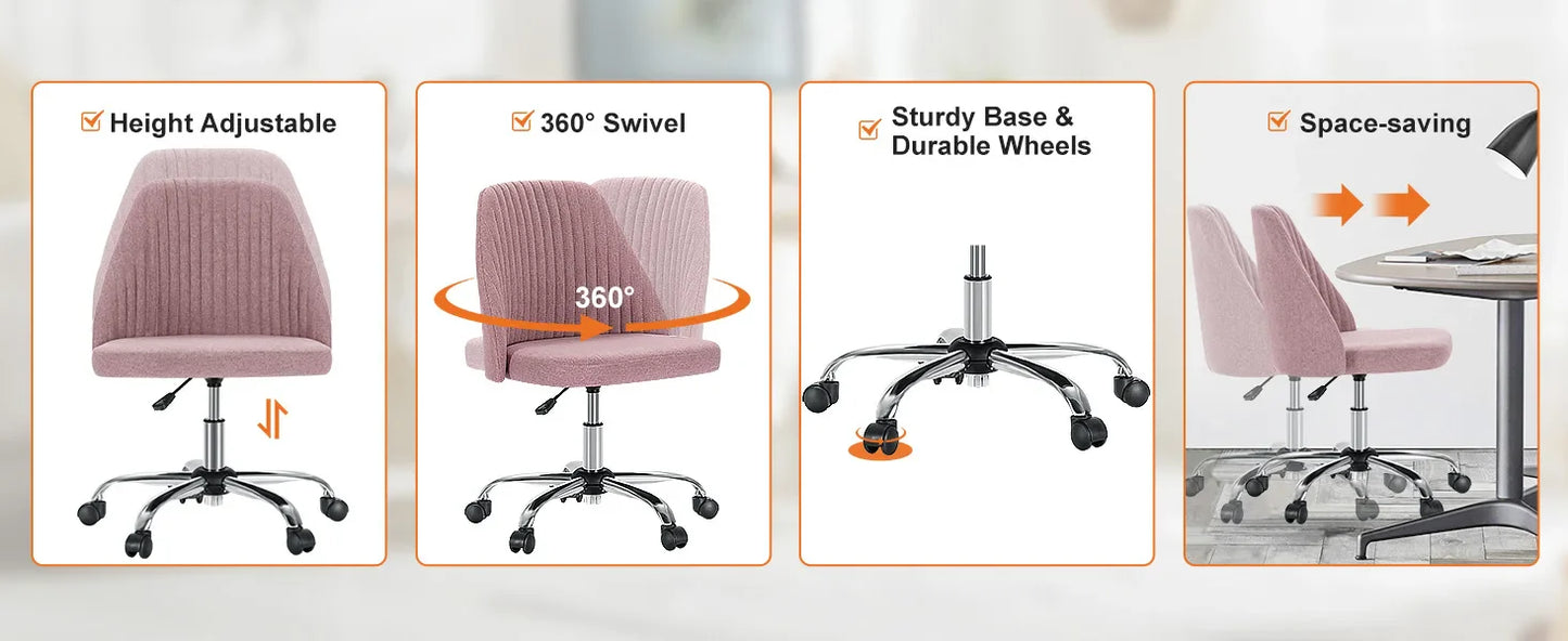 Armless Small Desk Chair – Cute Vanity Swivel Chair with Back, Fabric Upholstery & Wheels for Home & Gaming