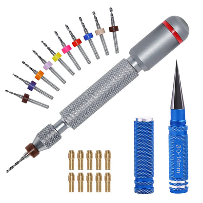 11/21-Piece Needle Vise Set – Hand Twist Drill with Double Bearing and Interchangeable Rotary Bits of Various Sizes