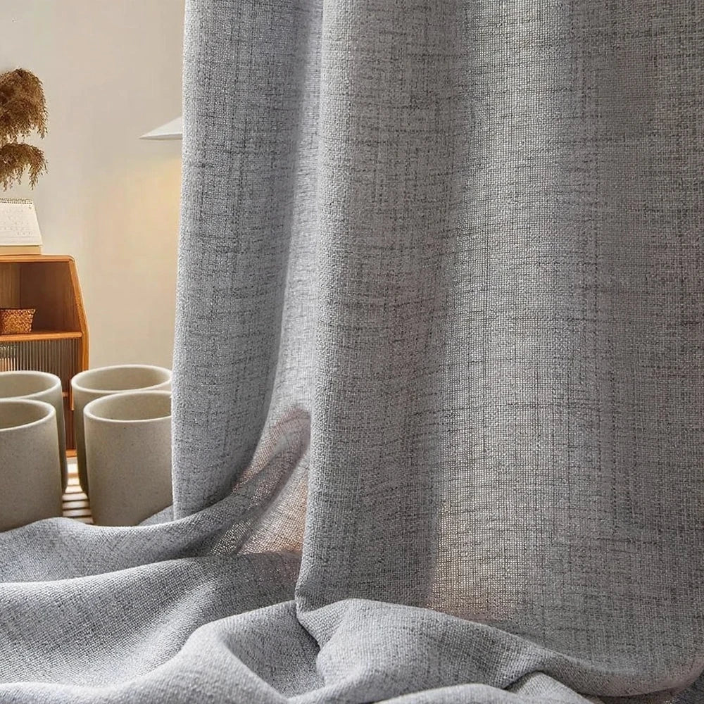 Modern Solid Color Pleated Window Curtain – Texture Floor-Length Yarn Cotton Translucent Curtain for Home