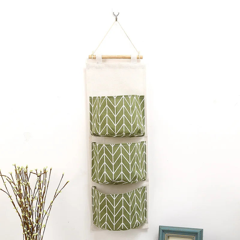 Three-Pocket Hanging Wall Storage Bag – Cotton Linen Organizer for Bedroom, Living Room & Kitchen
