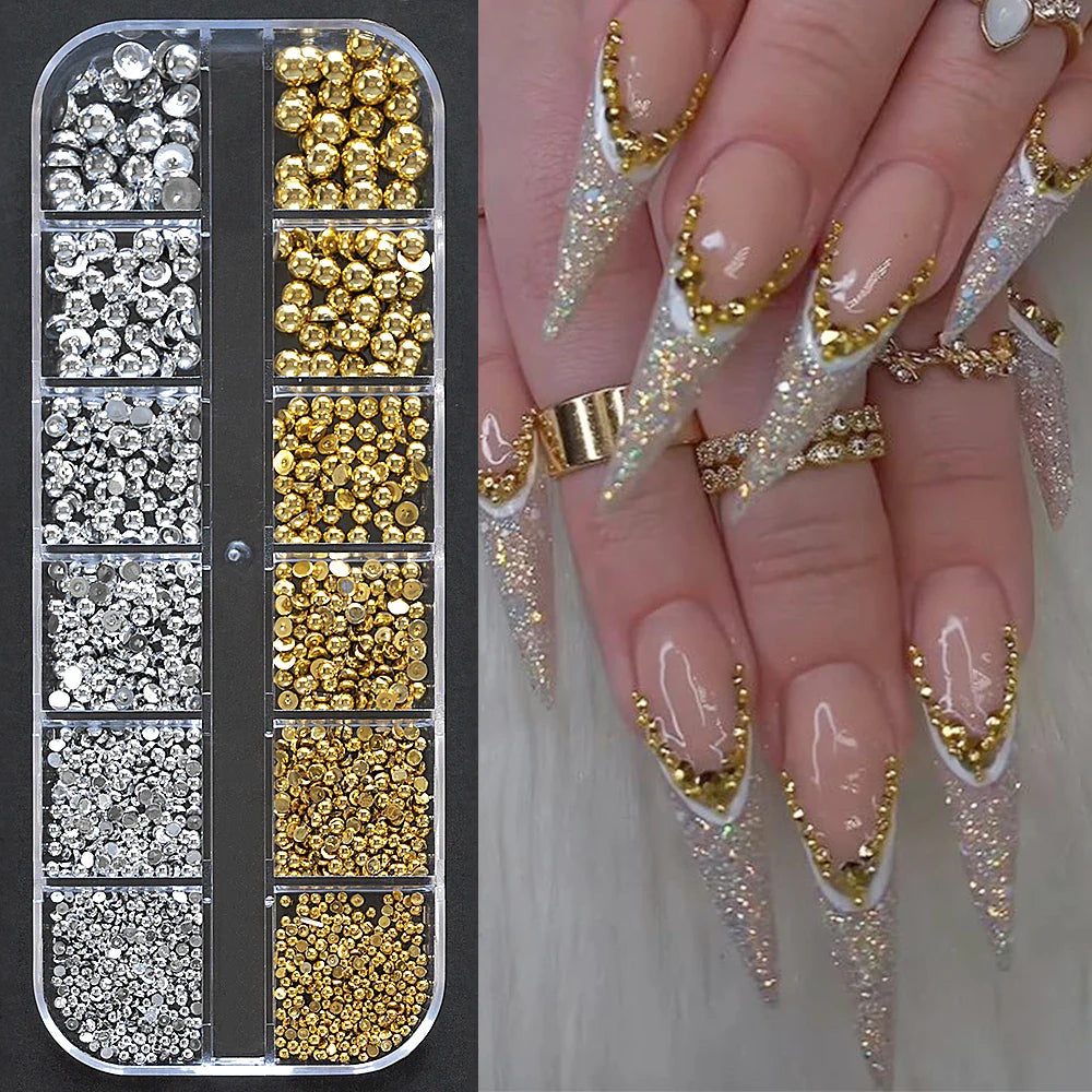 12-Grid 3D Glass AB Crystal Nail Art Rhinestones Kit – Flatback Round Beads with Tools for Nail Jewelry & Diamond Decoration