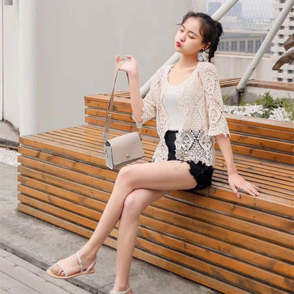 Women's Knit Lace Shrug – Hollow Crochet Floral 3/4 Sleeve Open Front Crop Cardigan F3MD