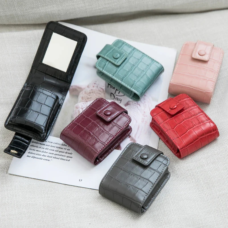 Mini Portable Lipstick Bag with Mirror - Small Cosmetic Bag with Button, Crocodile Embossed Women's Makeup Storage Case