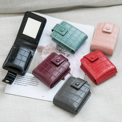 Mini Portable Lipstick Bag with Mirror - Small Cosmetic Bag with Button, Crocodile Embossed Women's Makeup Storage Case
