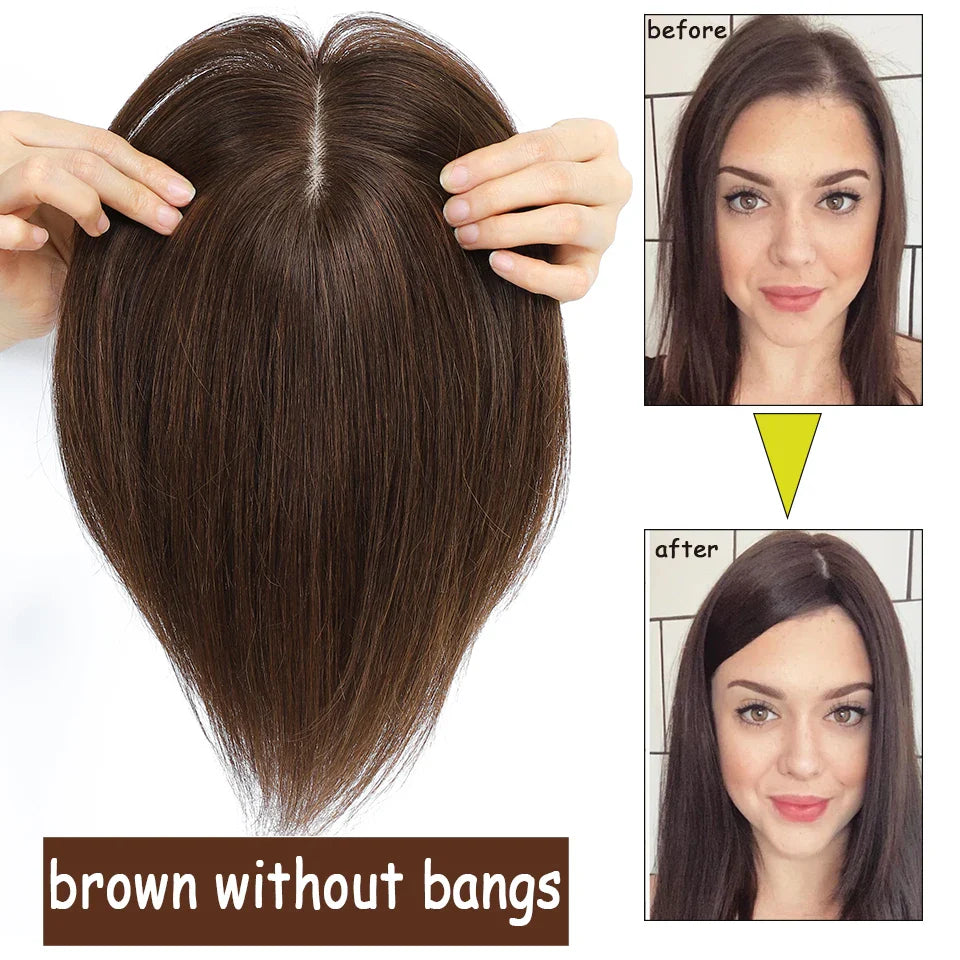 Dazzeal Human Hair Topper – 100% Real Straight Hair, Lace Base, Clip-In with Bangs, 10x12cm, 360° Coverage