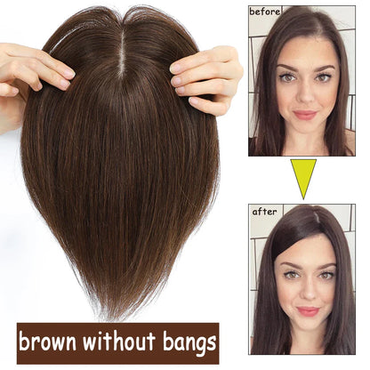 Dazzeal Human Hair Topper – 100% Real Straight Hair, Lace Base, Clip-In with Bangs, 10x12cm, 360° Coverage