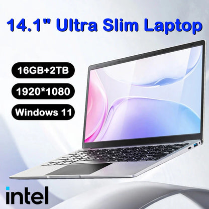 Ultra Slim 14.1" Laptop – Intel N3700, 16GB RAM, 2TB SSD, Windows 11 Pro, Full HD Notebook for Office & Study