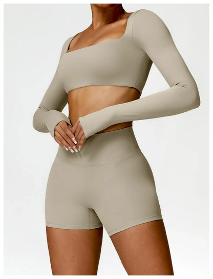 Hearuisavy 2PCS Long Sleeve Gym Set for Women, Quick-Drying Yoga Clothes, Sportswear, Running Leggings, Workout Sports Crop Top