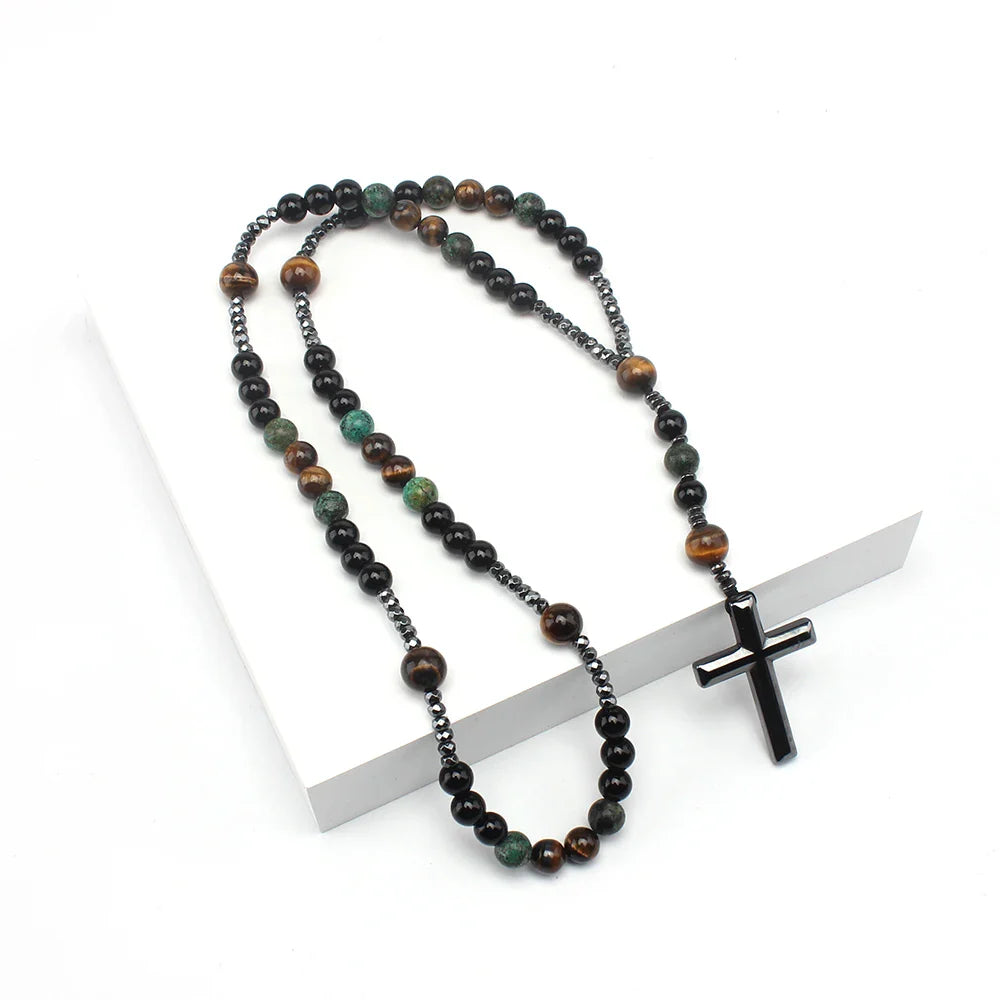 Natural Stone African Turquoise & Tiger Eye Rosary Necklace – Beaded Cross Pendant Religious Jewelry for Men & Women Spiritual Gift