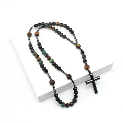 Natural Stone African Turquoise & Tiger Eye Rosary Necklace – Beaded Cross Pendant Religious Jewelry for Men & Women Spiritual Gift
