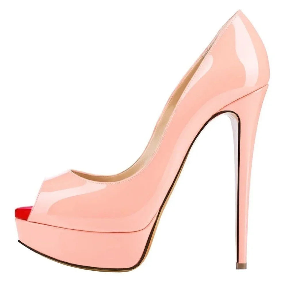Women’s Sexy Platform Peep Toe Pumps – 14cm Stiletto Patent Leather High Heels for Party & Wedding