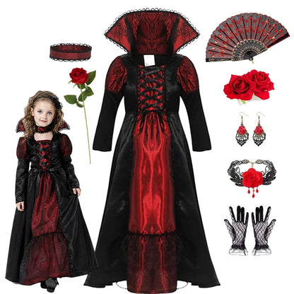 Girls Vampire Queen Costume - Black & Red Vintage Long Dress with Collar for Halloween & Cosplay
