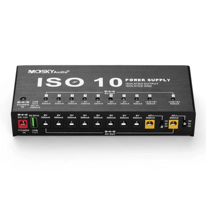 MOSKY ISO 10 Guitar Effect Pedal Power Supply – 10 Isolated DC Outputs, 5V USB Output, 9V 12V 18V Protection for Guitar Accessories