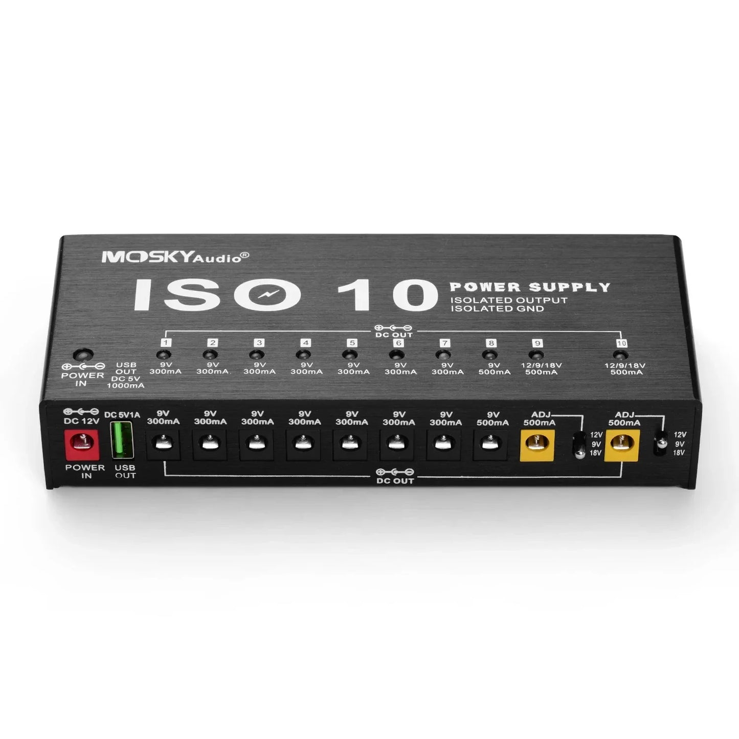 MOSKY ISO-10 Guitar Pedal Power Supply – 10 Isolated DC Outputs, 5V USB Output for 9V, 12V, 18V, Protection for Guitar Accessories