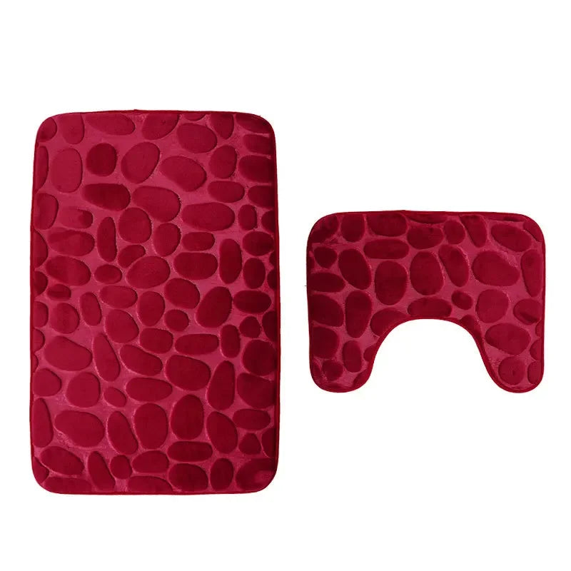 2PC Set Funnel Cobblestone Anti-Slip Bathroom Mat - Toilet Rug, New Bath Mat Set