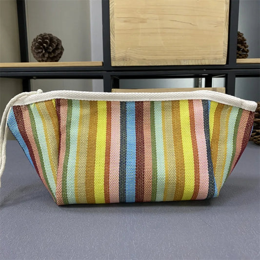 2024 Cotton Stripe Canvas Zip Pouch – Fashionable Handheld Cosmetic Cloth Bag