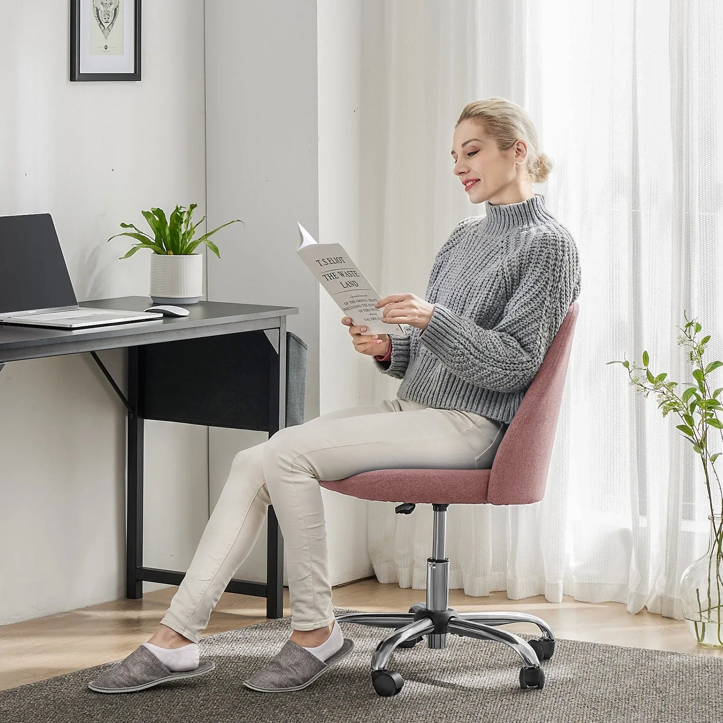 Armless Small Desk Chair – Cute Vanity Swivel Chair with Back, Fabric Upholstery & Wheels for Home & Gaming