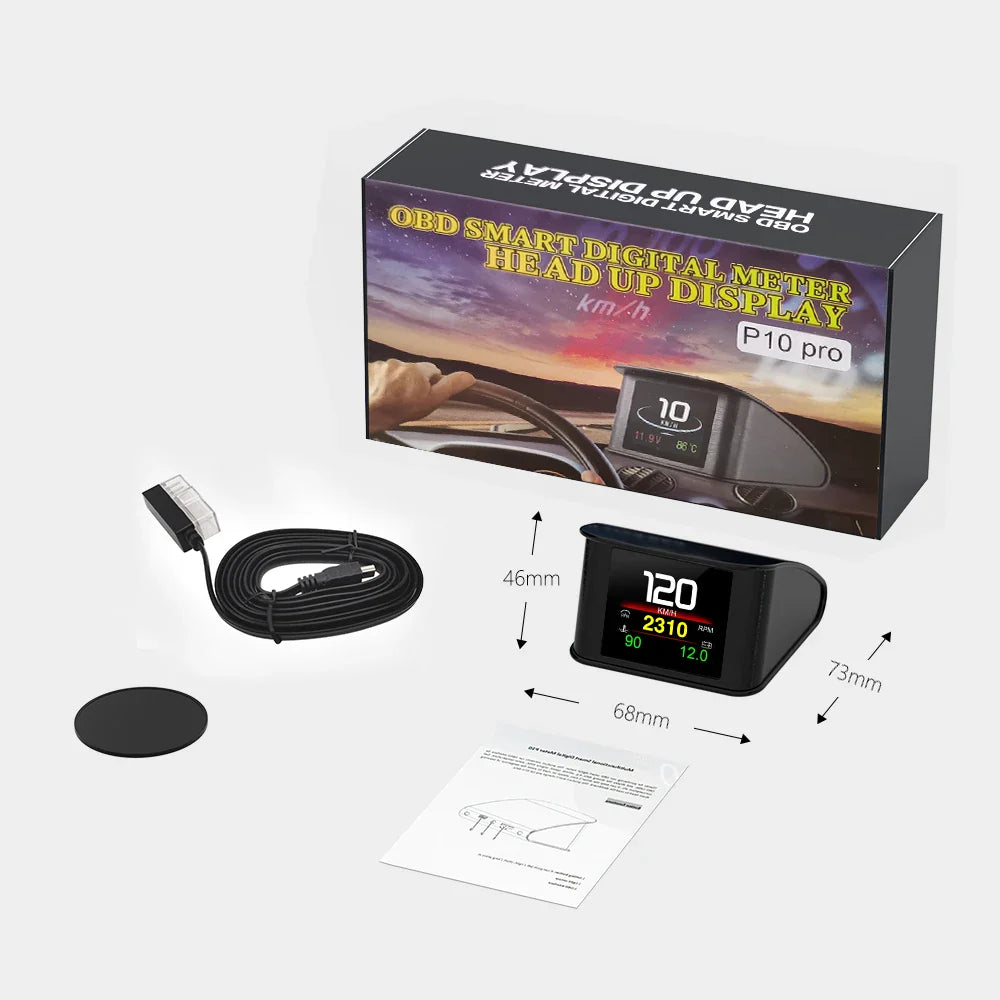 P10 Pro Head-Up Display – On-Board OBD2 Computer with Digital Speedometer, Mileage, Temperature & Driving Data Gauge