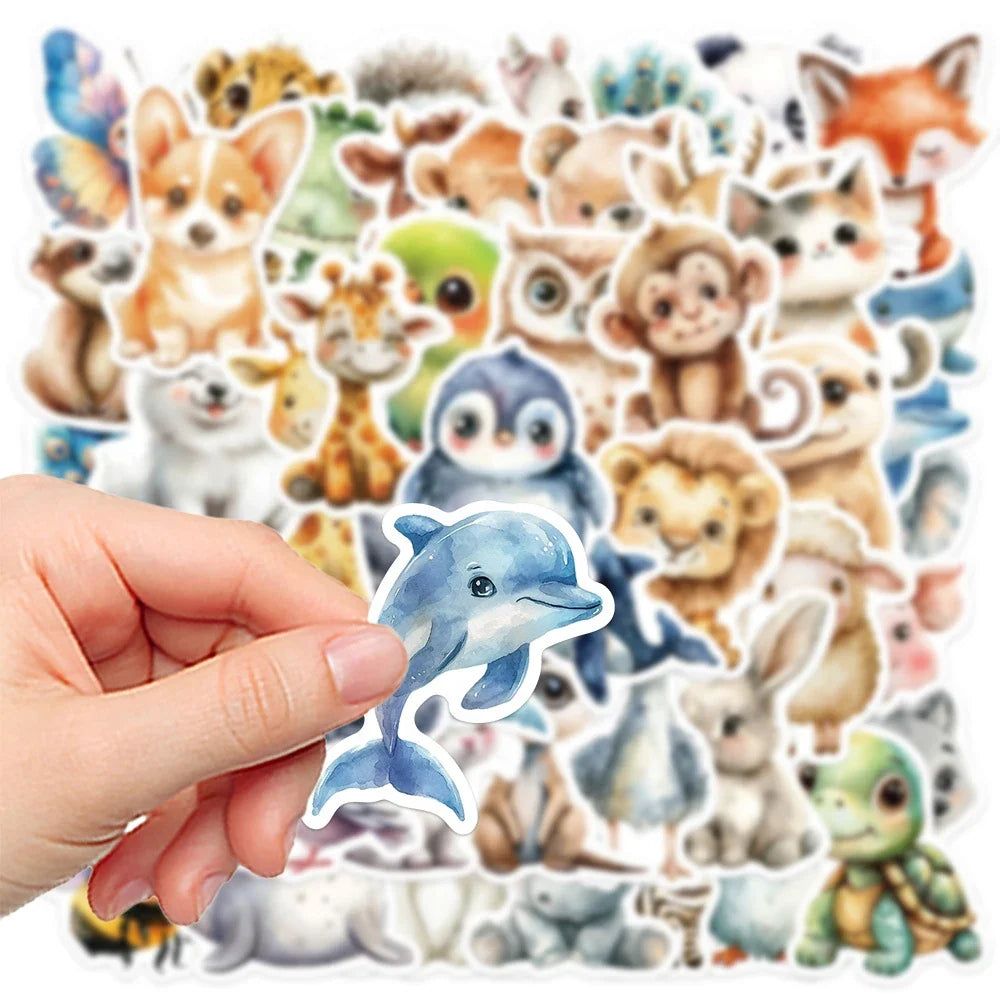 Cute Watercolor Animal Stickers - Cartoon Graffiti Decals for Phone Case, Skateboard, Scrapbook and Kids Crafts