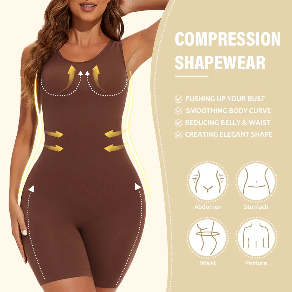 POKARLA Sexy Full Coverage Bodysuit – Seamless Thigh Slimming Wide Shoulder Shapewear Jumpsuit