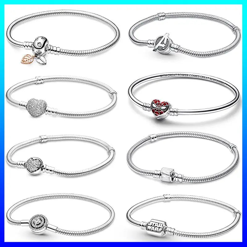 New 925 Sterling Silver Snake Chain Charm Bracelet – Fits Original 925 Pendant Charms & Beads, Heart Bracelet Jewelry for Women