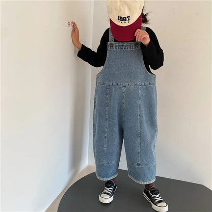 2024 Autumn Kids Denim Overalls – Loose Casual Bib Pants for Boys & Girls 1-7Y Spring Fall Outwear