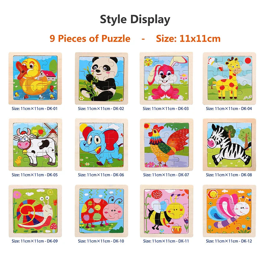 11cm Kids Wooden Jigsaw Puzzle – Cartoon Animal & Vehicle Montessori Educational Toys