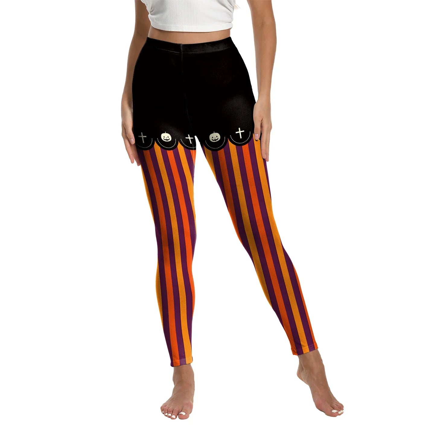 Women’s Halloween Leggings - Spooky Pumpkin Stripe Graphic Stretch Pants for Parties & Workouts