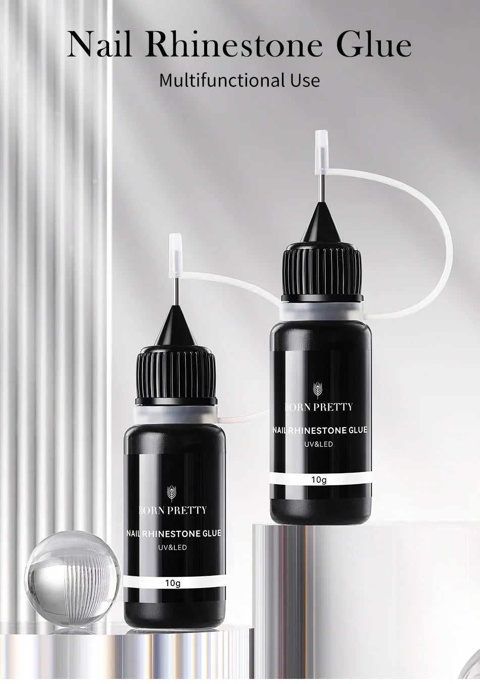 BORN PRETTY 10g Gel Nail Glue for Rhinestones - Super Adhesive, No Wipe Nail Gem Glue for 3D Crystals, Beads, Diamonds & Stickers