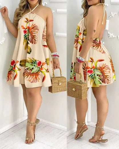 Floral Print Halter Neck Boho Dress – Backless Summer Spring Women’s Fashion Casual Elegant Sundress Clothing