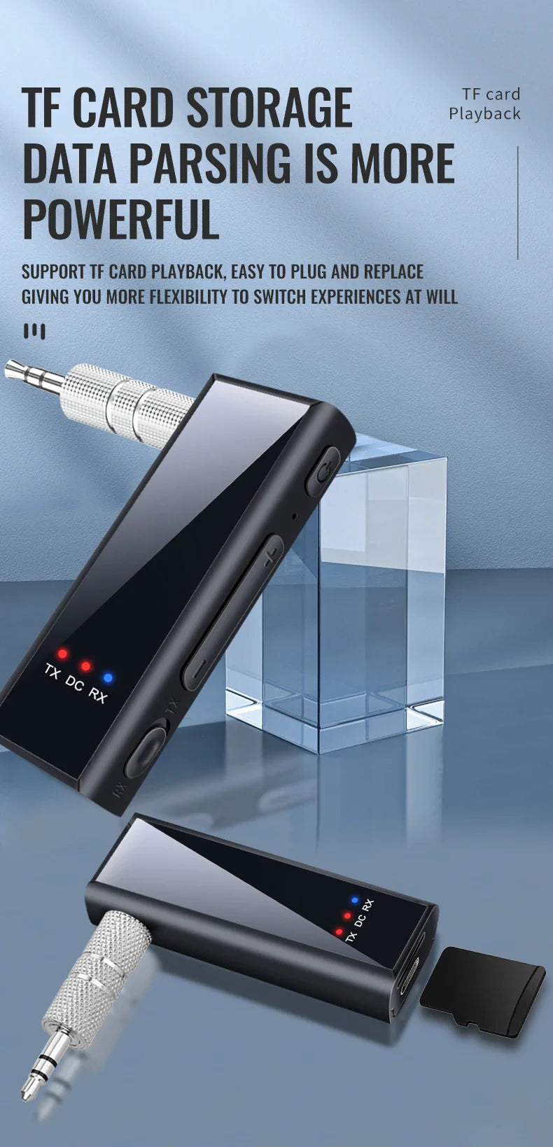 Bluetooth 5.4 Audio Transmitter Receiver – 3.5mm AUX Wireless Adapter with Mic & TF Card Support for Car, TV & PC