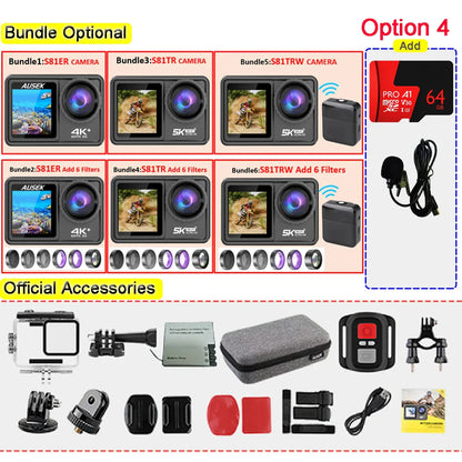 AUSEK S81TRW 5K Action Camera – 4K60FPS, 48MP, EIS, 5X Zoom, 1080P Webcam, Wi-Fi Vlog Sports Cam with Remote & Optional Filters