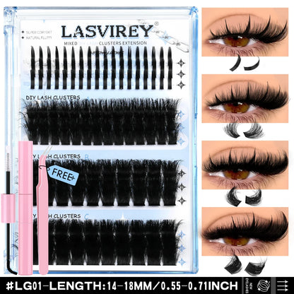 Lasvirey DIY Cluster Lashes Kit – 4-in-1 Fluffy Eyelash Extension Set with Lash Bond & Seal, Mixed Full Individual Lash Clusters