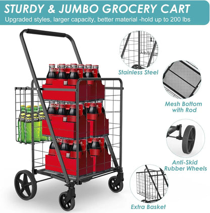 Extra Large Collapsible Grocery Cart on Wheels — Heavy Duty Shopping Cart with Baskets & Waterproof Liner