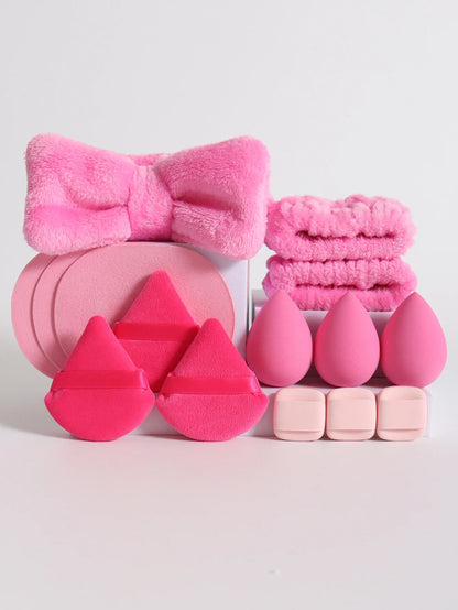 15Pcs Multi-Colored Fluffy Headband & Makeup Sponge Set - Sweet Style Beauty Essentials