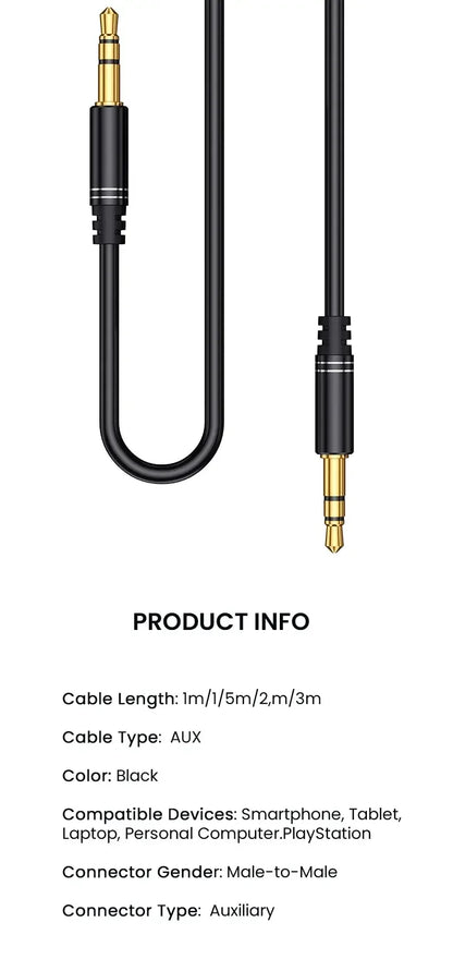3.5mm Male to Male Aux Audio Cable — Compatible with Car Stereos, Speakers & Headphones