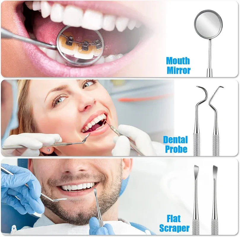 Stainless Steel Dental Tools Kit – Dentist Mirror, Double Probe & Sickle Hoe Tooth Cleaner for Oral Care
