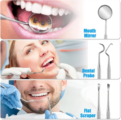 Stainless Steel Dental Tools Kit – Dentist Mirror, Double Probe & Sickle Hoe Tooth Cleaner for Oral Care