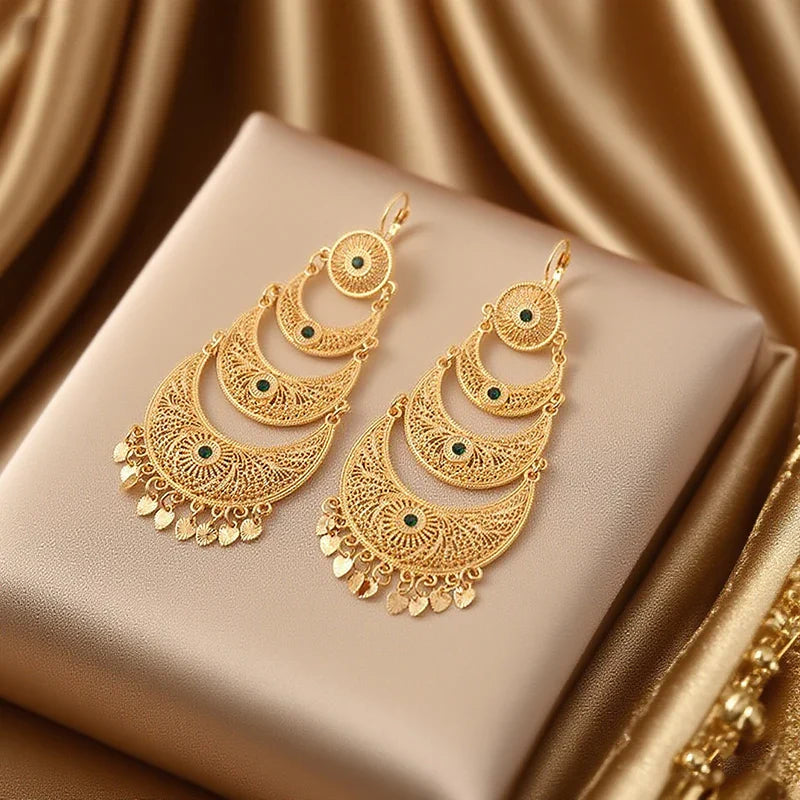 Vintage Moon & Heart Tassel Dangle Earrings for Women – Ethnic Tribal Arabesque Drop Jewelry