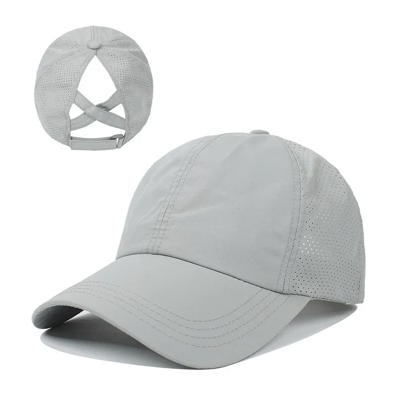 Summer Solid Color Baseball Cap – Quick-Drying Mesh Golf & Sports Hat for Women, Cross Ponytail Design, Men's Peaked Cap