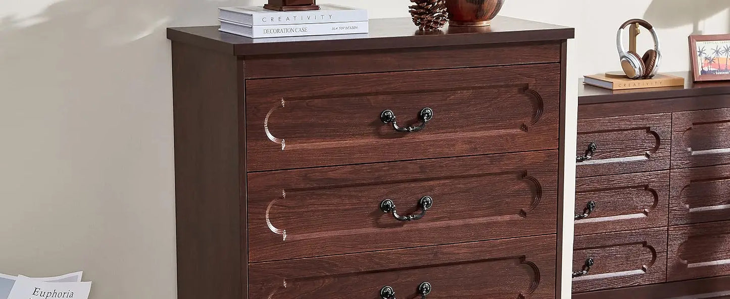 5-Drawer Farmhouse Dresser – Cherry Wood Chest of Drawers for Bedroom, Rustic Wide Storage Solution