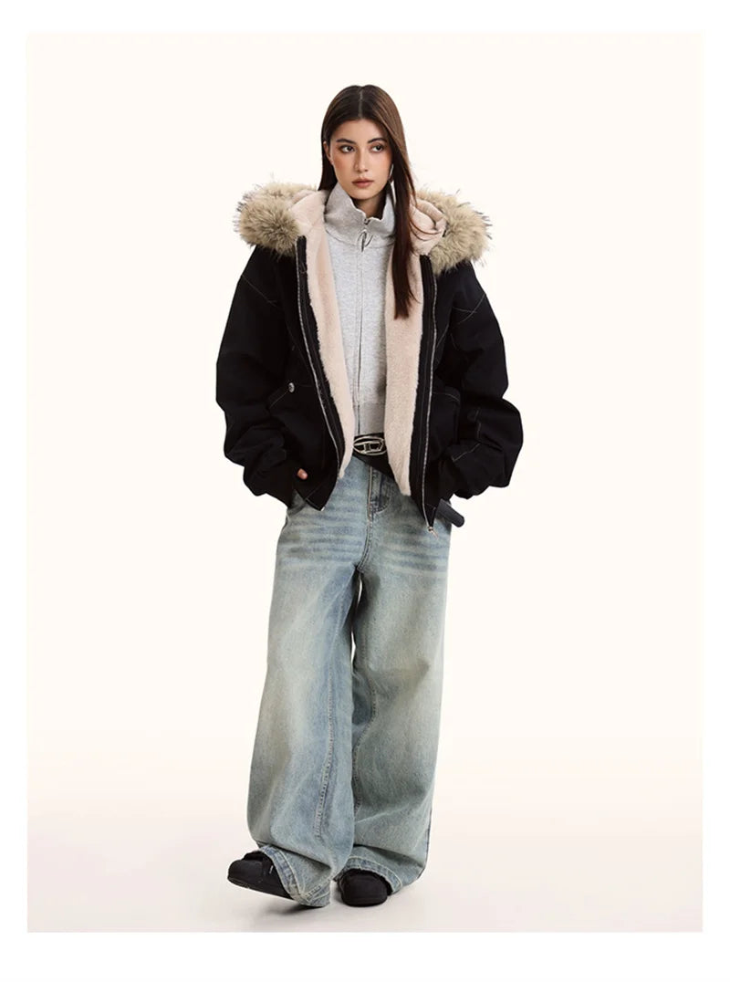 ZAROY Y2K Fur Collar Hooded Parka – Thick Padded Gothic Winter Jacket Streetwear for Men & Women